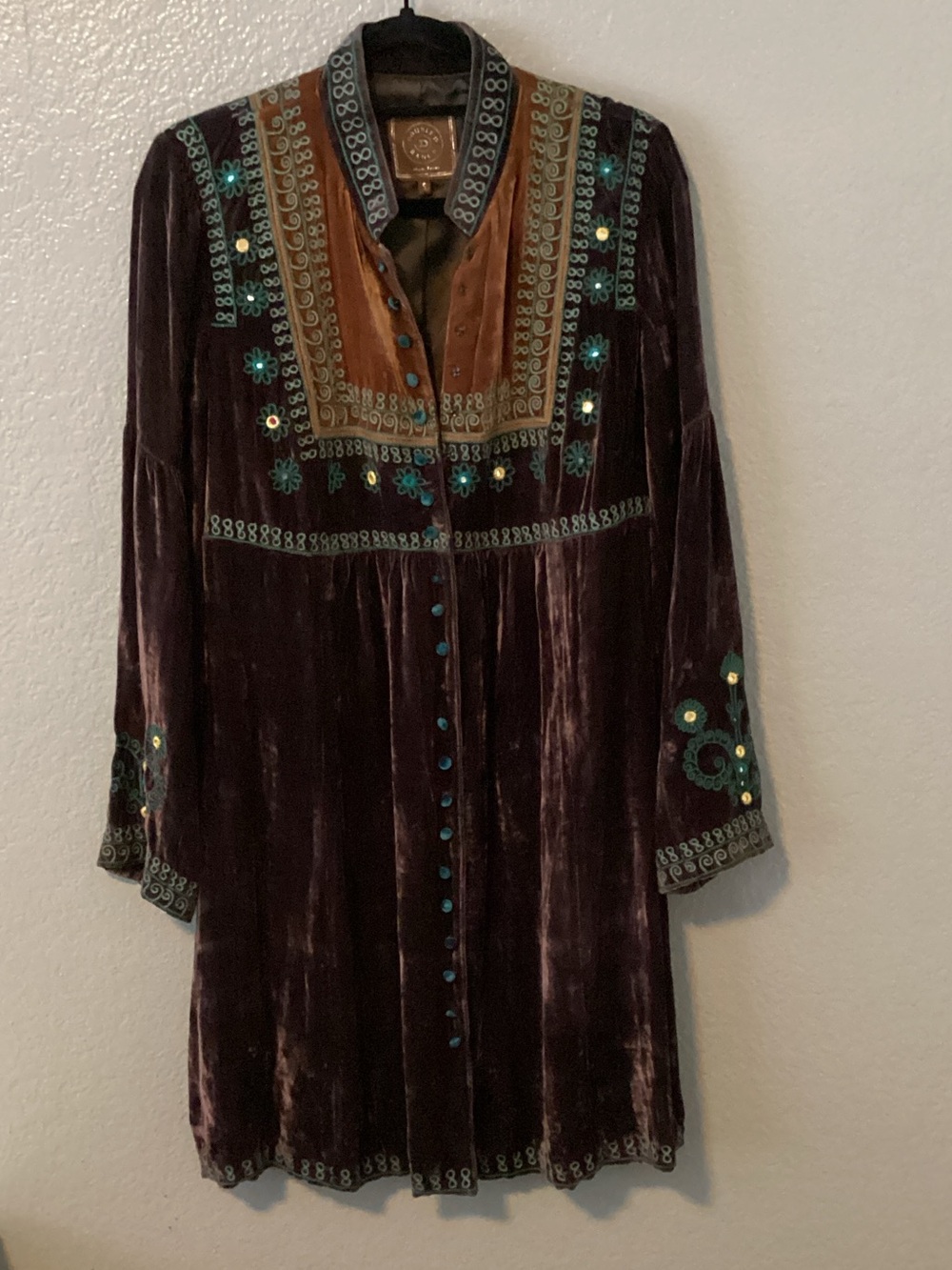 Double  D Embroidered  100% Silk Velvet Long-Sleeve Dress / Duster - Dark Plum